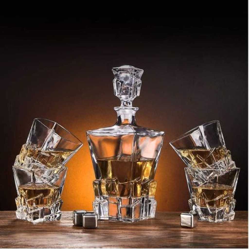 Premium Crystal Clear 7Pcs Bar Set, 1 Decanter Bottle(850ml) with 6 Whiskey Glasses(300ml), Perfect for Scotch, Bourbon, Wine, Vodka, Cocktail, Tequila, Rum Best Gift (Stone Base)