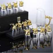 Wine Carafe Twelve Zodiac Signs Tumblers Glasses And 2 Whisky Decanters Gift Set Shot Glasses with Animal Head Creative Retro Sake Vodka Cups Dispenser Shot Glass Crystal Cups Decanter Packed In A PU Suitcase As A Perfect gift For Bar And Party- Gold