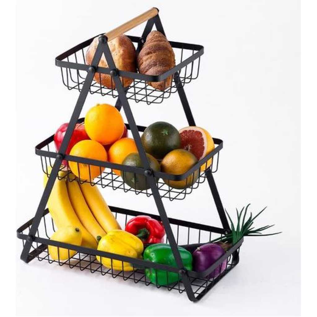 3 Tier Portable Fruit Basket Stand Vegetable Bread & Snacks Detachable Metal Rectangle Basket With Wooden Handle Modern for Kitchen Decoration- Black