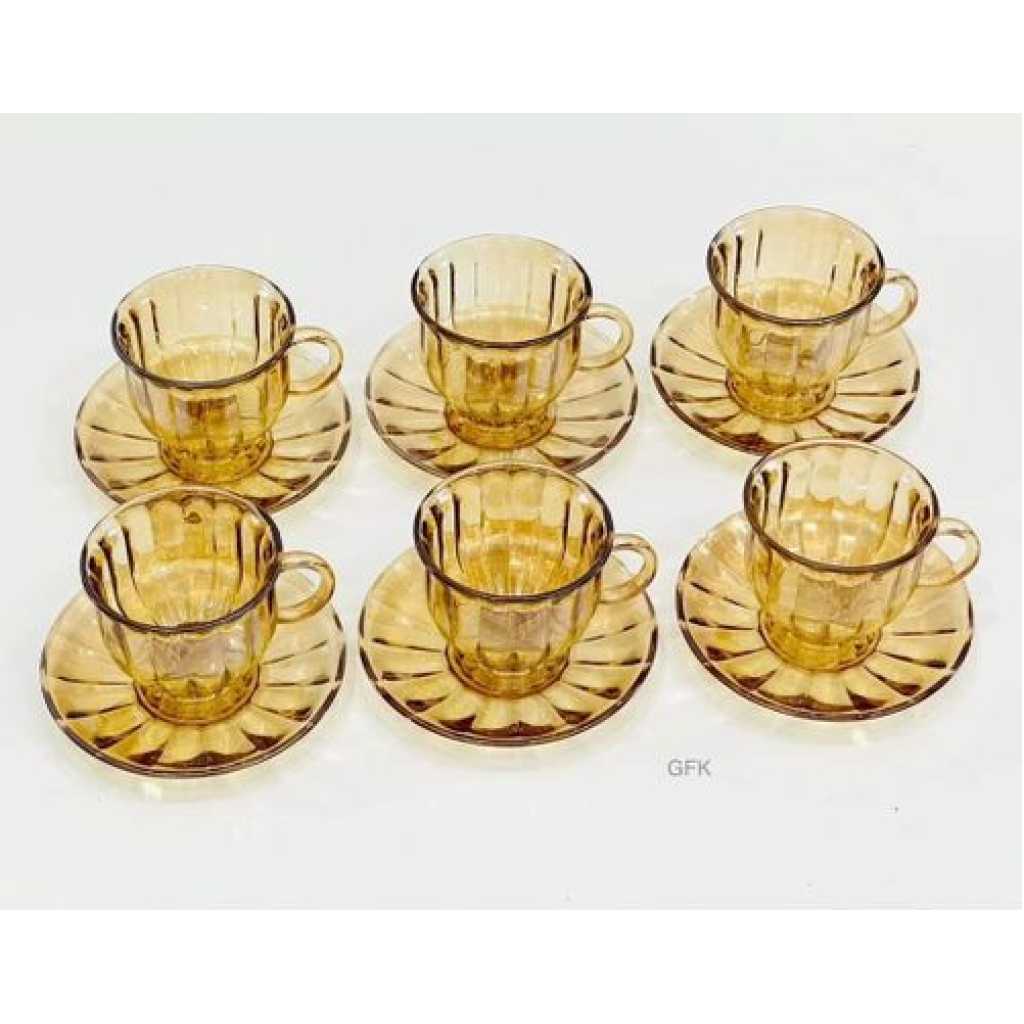 6 Pieces Of Glass Tea Cups And Saucers Sets Coffee Flower Tea Mugs High Temperature Resistance Tea Cup Gift European Style 6 Oz Capacity- Gold