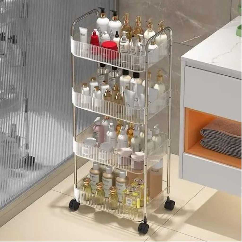 1pc Rectangle Acrylic Clear 4 Tier Utility Cart, Rolling Cosmetics Laundry Organization Trolley Snack Cart With Handle And Wheels, Multifunctional Storage Shelves Side Table For Kitchen Living Room Office- Clear