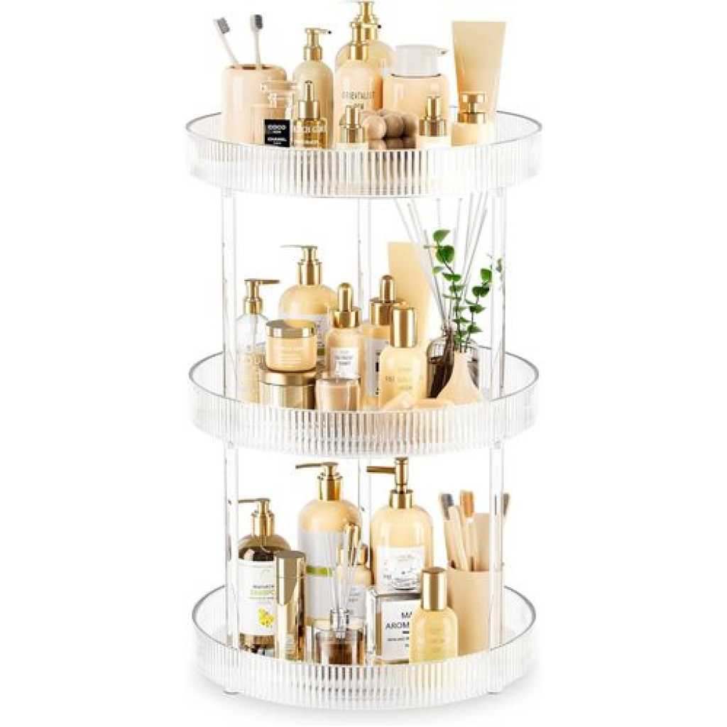 360° Rotating Storage Vanity Spinning Tray 3-tier Turntable Spice Rack Organizer Shelf Suitable For Kitchen Cabinet, Farmhouse Tiered Tray Decor, Fruit Snack - Makeup Cosmetics And Perfume Box Food Organizer, Bathroom Countertop Cabinet Table- Clear