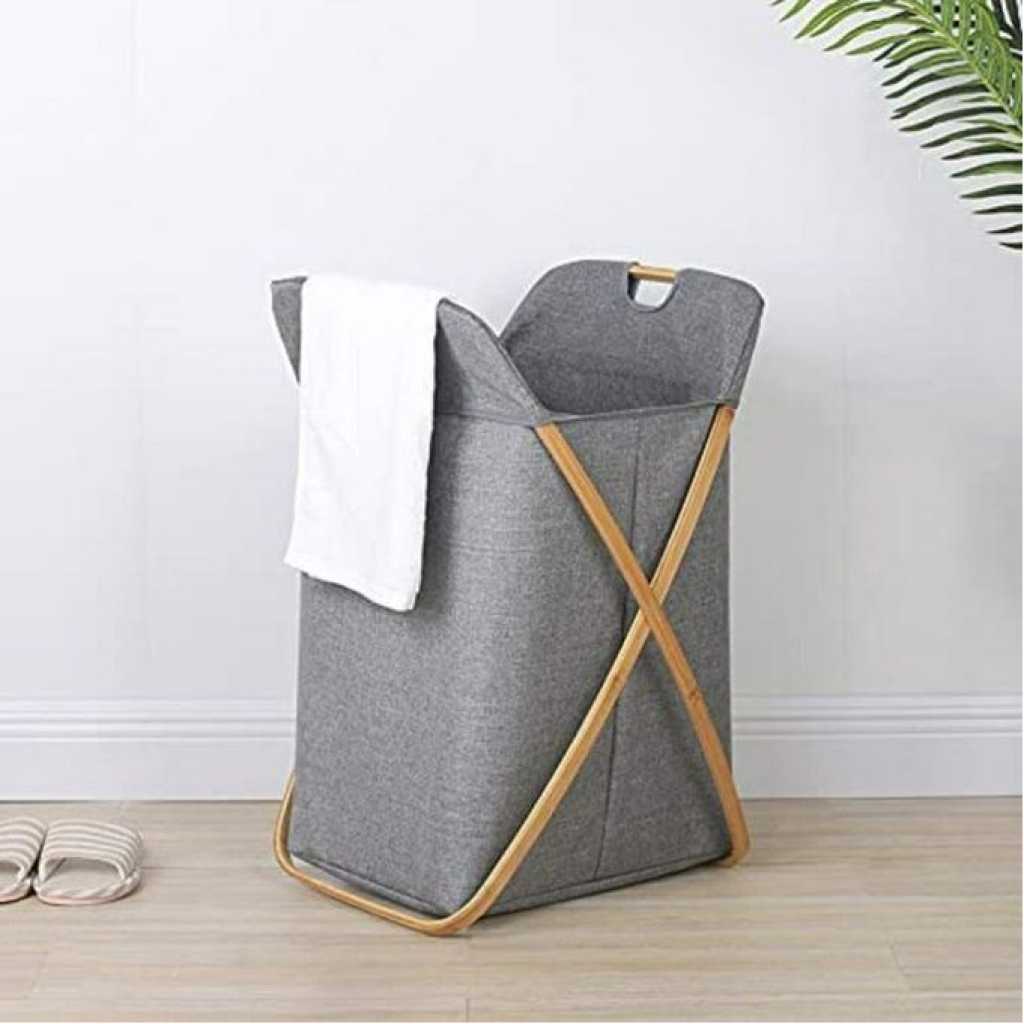 Laundry Hamper with Lid ,Small Bamboo Laundry Basket with Lid, Foldable Dirty Clothes Hamper with Handles, Oxford Laundry Hamper for Clothes Storage and Bedroom,Grey