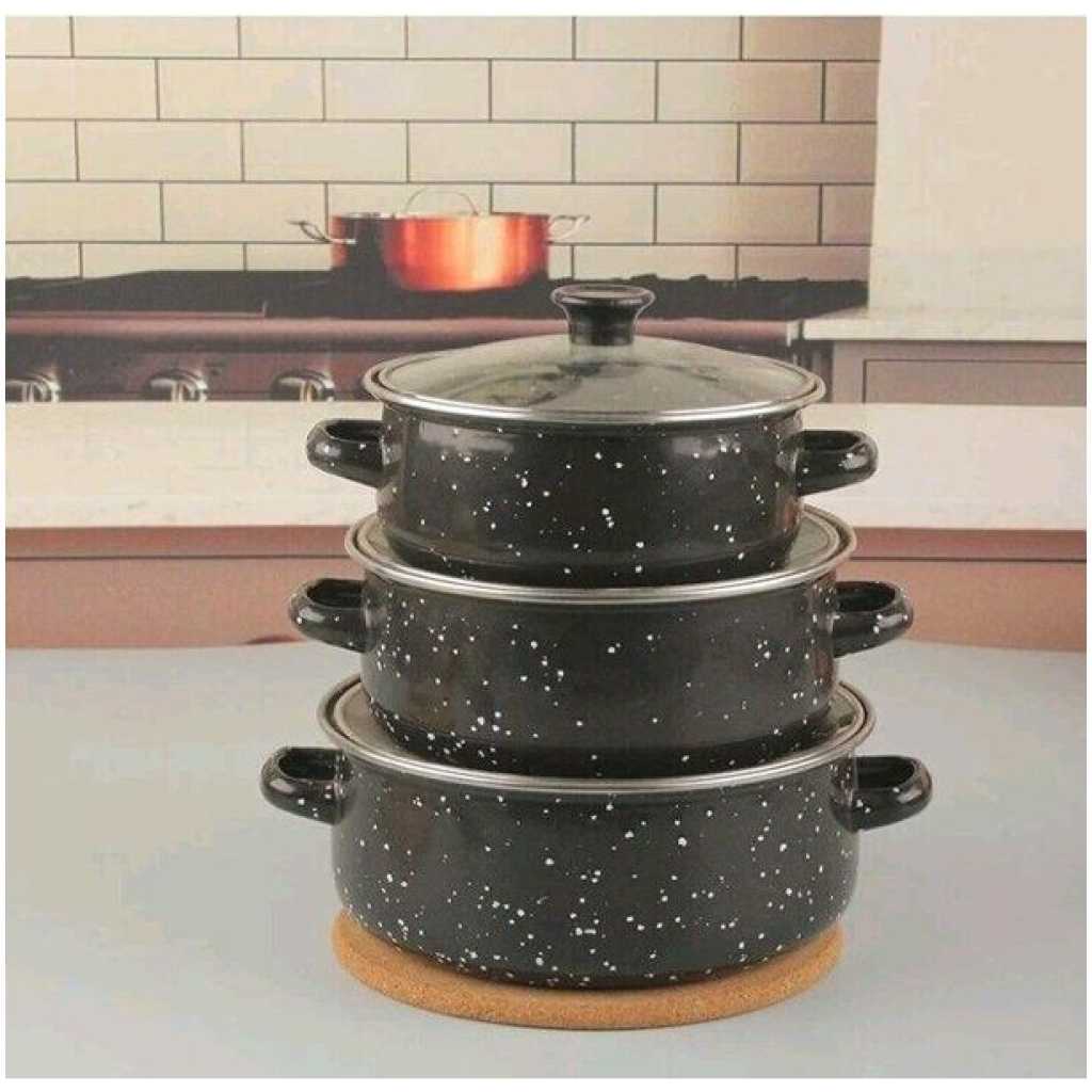 Set Of 3 Enamel Casserole Sartin Cookware Pots Serving Dishes With Lids Saucepans