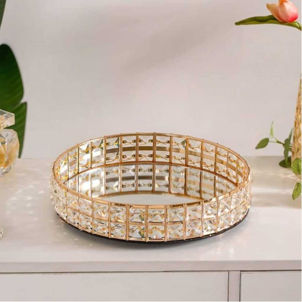 Decorative Crystal Mirror Tray Gold Round Mirrorred Plate for Candle Display, Vanity Organizer Tray Chic Modern Home Decor Accessories for Dresser Table