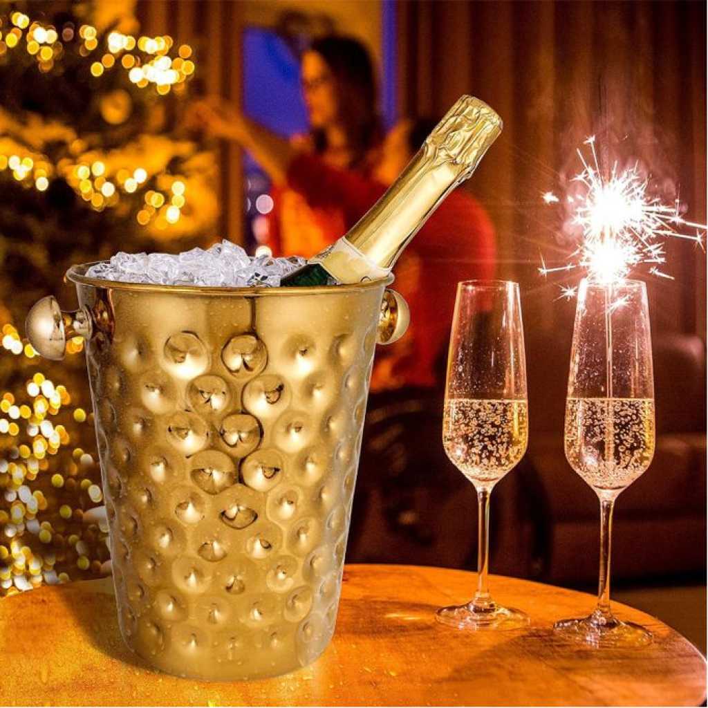 Fashionable And Creative Ice Bucket Stainless Steel Golden Hammered Mirror Pattern Ice Bucket Wine Champagne Ice Barrel For Party, Wedding, Banquet