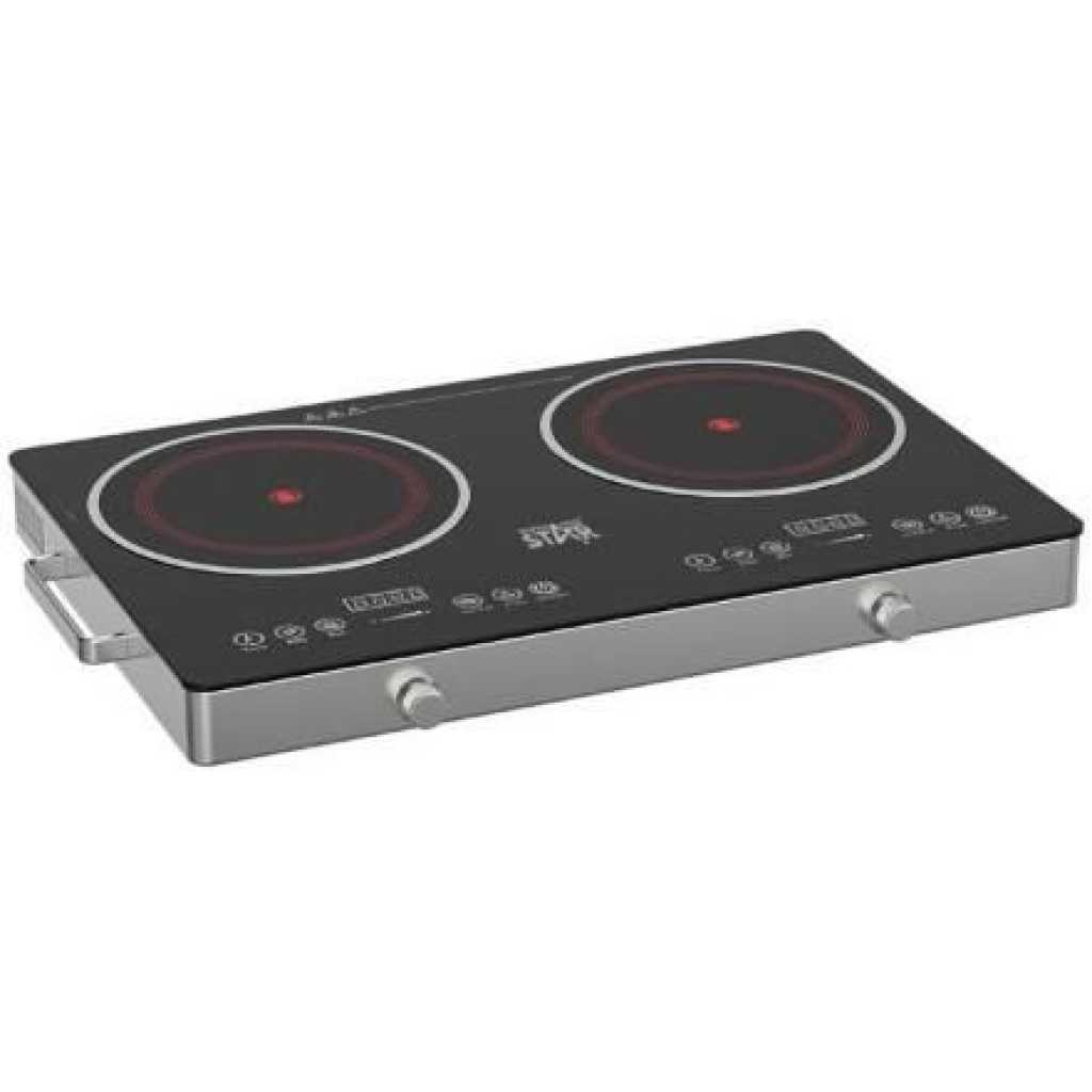 Winningstar Double Induction Cooker Inverter Infrared Cooker Portable Ceramic Glass Plate Sensor Touch & Knob Control, Black Crystal Panel, 120 Mins Timer, Safety Lock, Overheat Protection -Silver