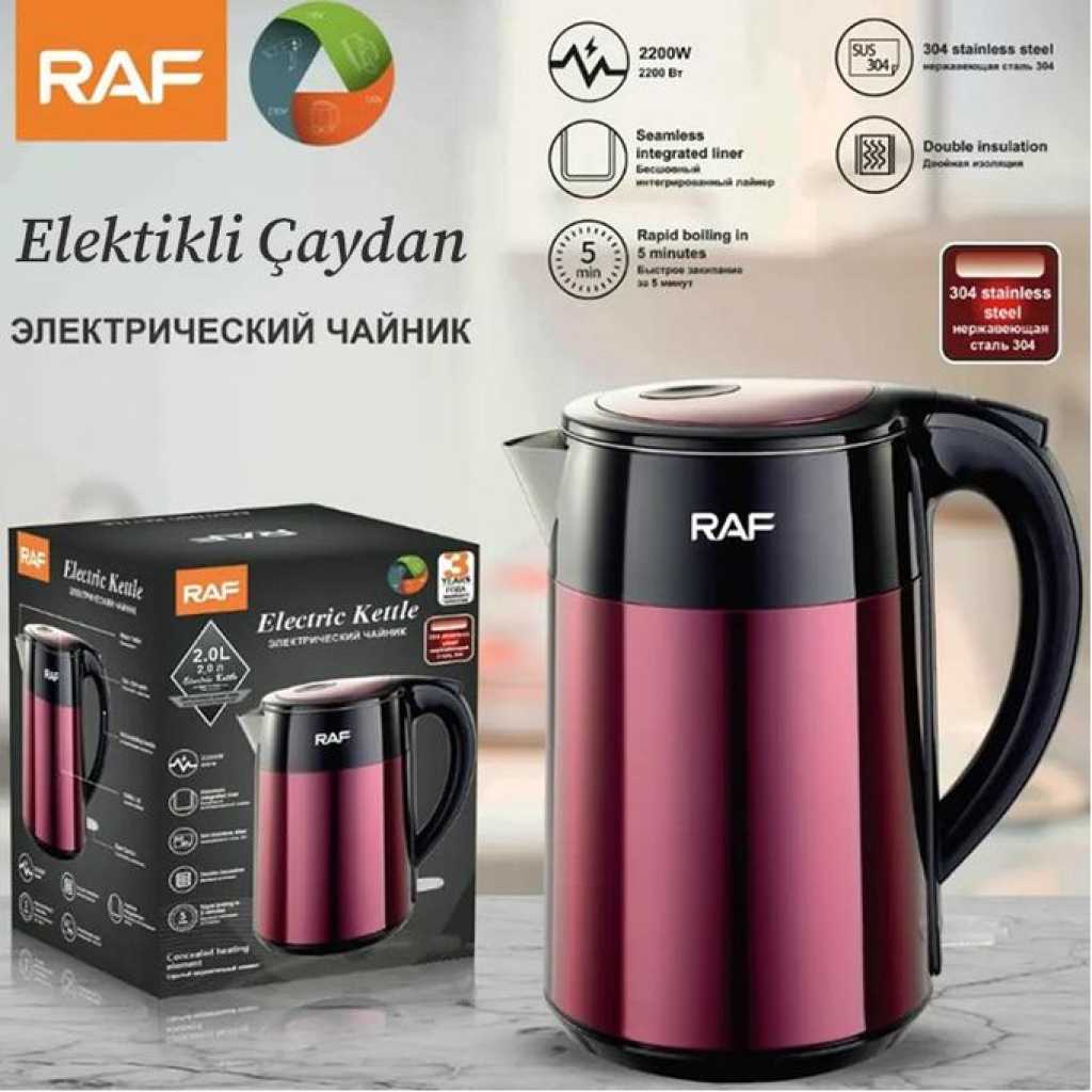 RAF 2L Electric Stainless Steel Cordless Kettle Double Layer Tea Kettle with Scaled Window Water Kettle And360 Degree Rotating Base- Maroon