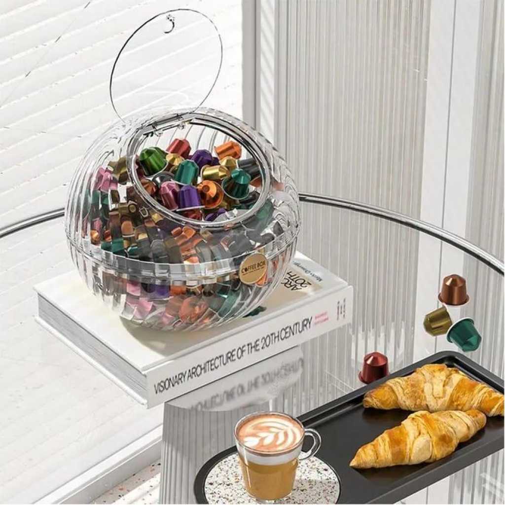 Transparent Spherical Coffee Capsule Holder Tabletop Storage Box Decorative Jar Organizer Candy Snack Pot With Lid For Sweeteners Sugar Packets Creamer