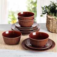 18-piece Brown Line Dinner Set for 6 People Chip Resistant Dinnerware, includes 6 Dinner plates, 6 Salad Side Plates Soup Cereal Bowls