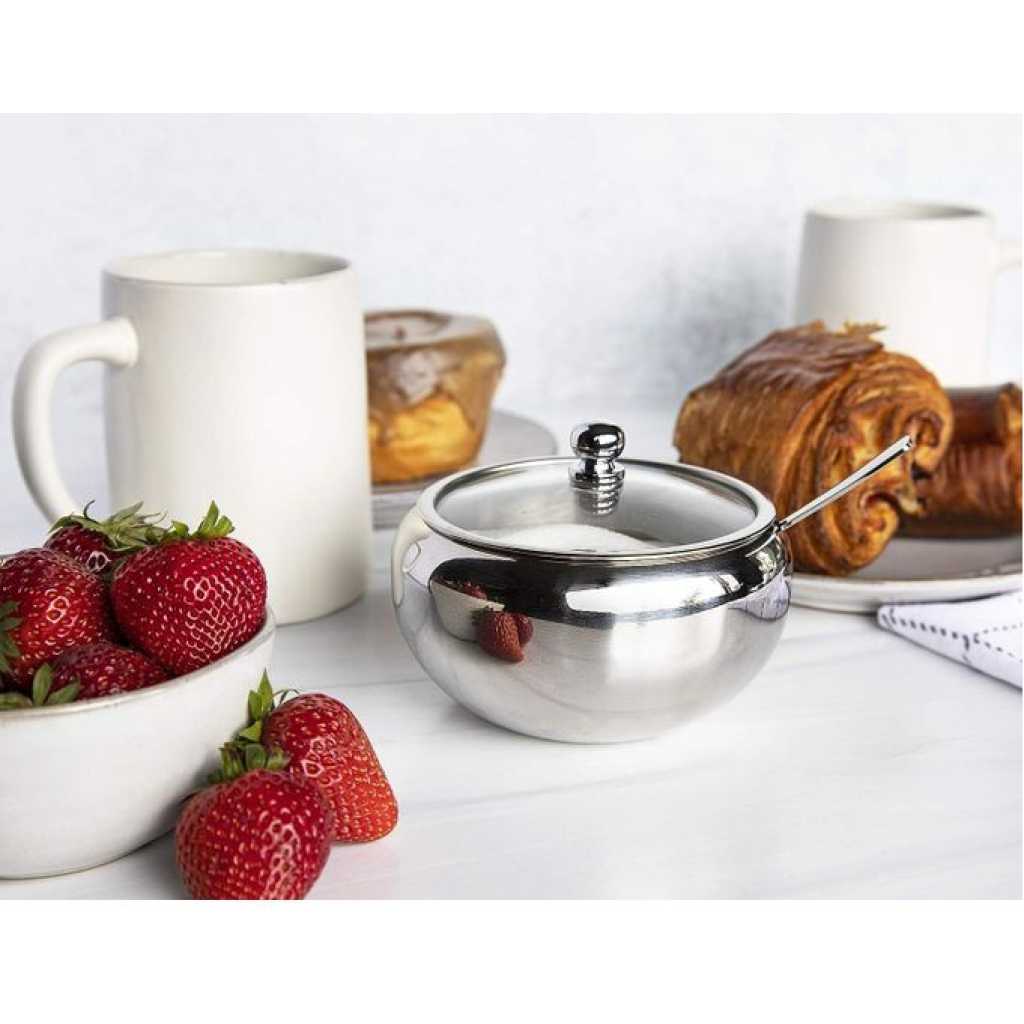 Stainless Steel Sugar Bowl with Lid And Spoon Serving Dish Clear Glass Lid Storage for Salt, Candy, Coffee Box Holds.