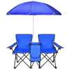 Double Folding Beach Chair with Umbrella Table Cooler and Bag, Portable Compact Folding Chair, 2 Person Camping Chair with Canopy for Adults and Kids, Outdoor Fold Up Chair, Blue