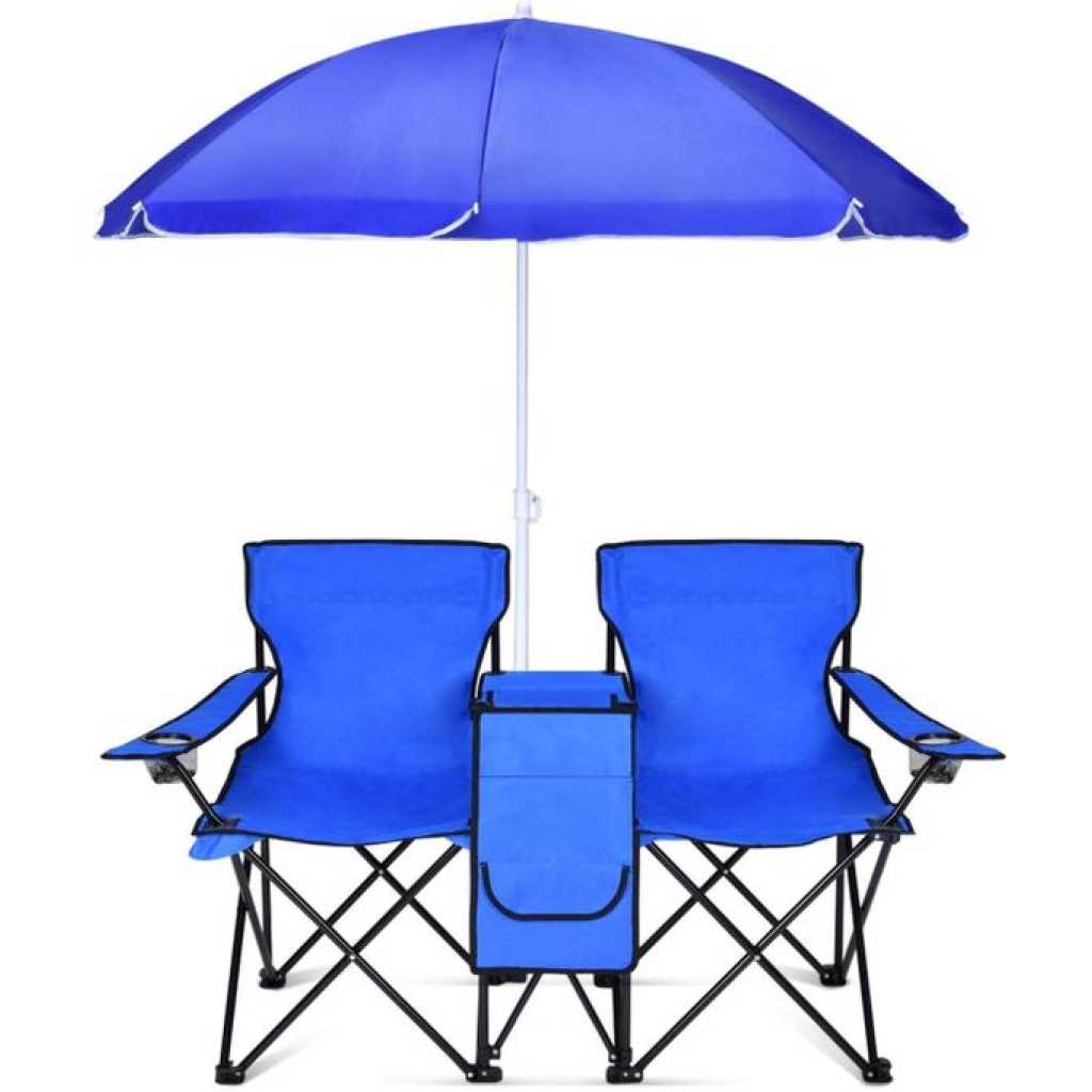 Double Folding Beach Chair with Umbrella Table Cooler and Bag, Portable Compact Folding Chair, 2 Person Camping Chair with Canopy for Adults and Kids, Outdoor Fold Up Chair, Blue