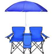 Double Folding Beach Chair with Umbrella Table Cooler and Bag, Portable Compact Folding Chair, 2 Person Camping Chair with Canopy for Adults and Kids, Outdoor Fold Up Chair, Blue