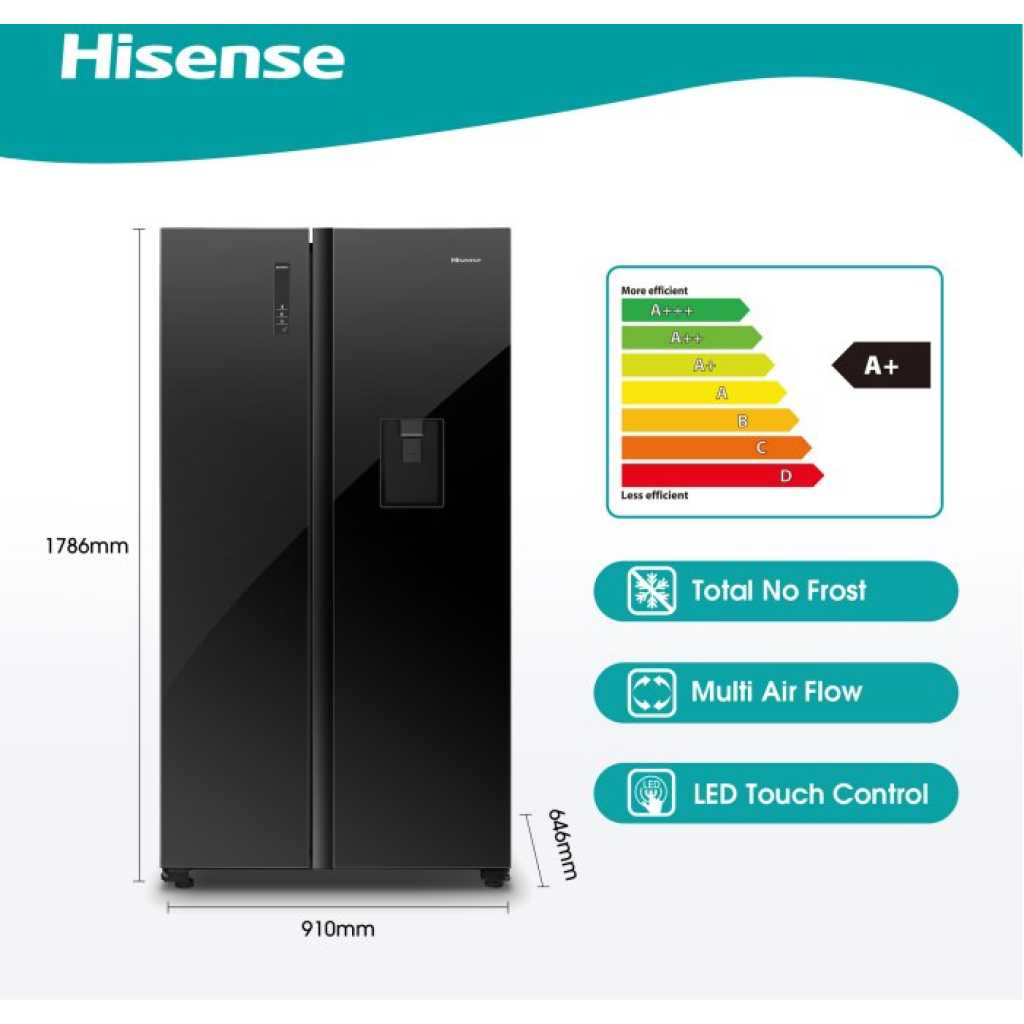 Hisense 670 - Litres Side-by-side Refrigerator with Dispenser H670SMIA-WD, Auto Defrost, Total No Frost - Glass Black