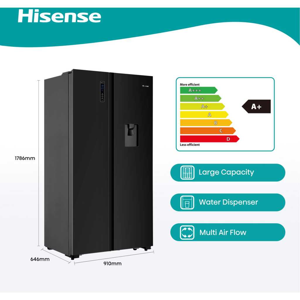 Hisense 670 - Litres Side-by-side Refrigerator with Dispenser H670SMIA-WD, Auto Defrost, Total No Frost - Glass Black