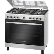 Bosch 90cm Freestanding Cooker; 5 Gas Burners, Gas Oven & Grill, Rotisserie, Cast Iron Pan Supports, Auto Safety Device, Auto Ignition HGVDF0V52S, Inox