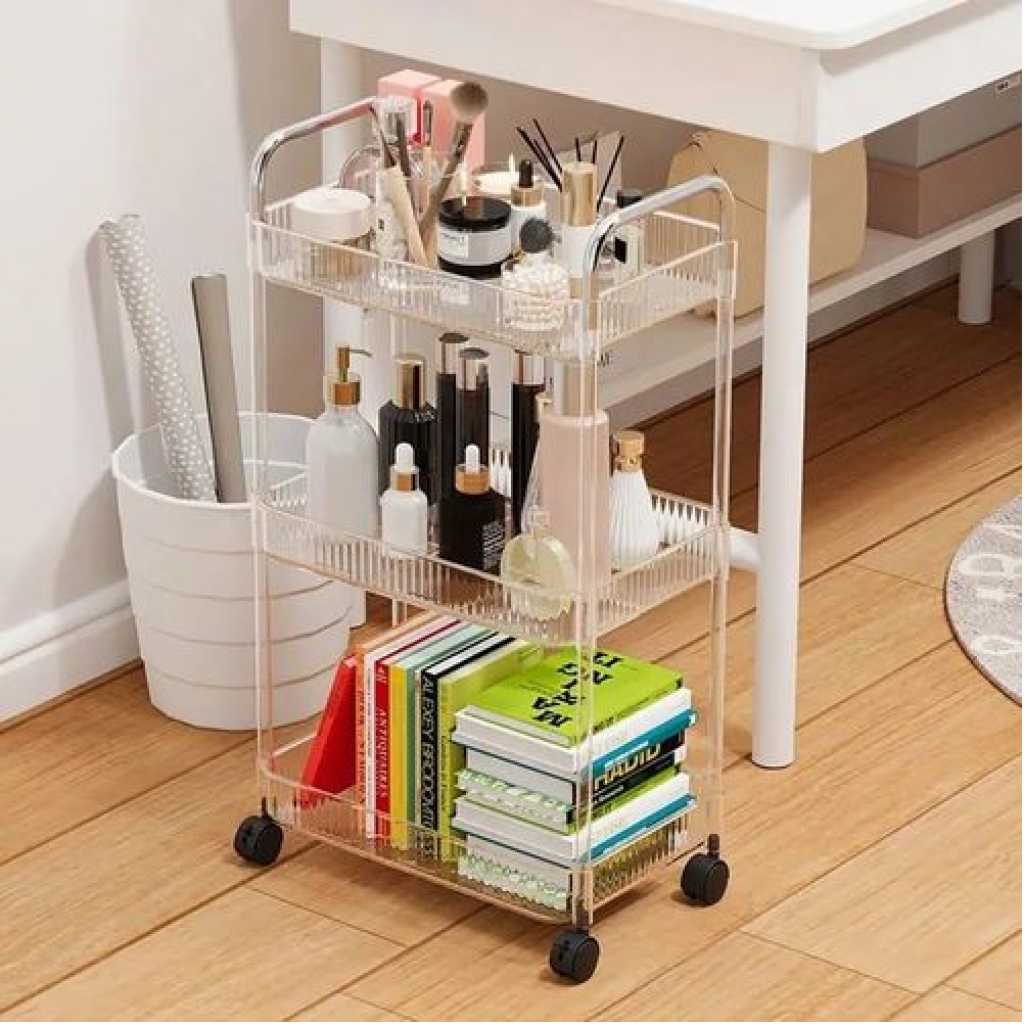 1pc Acrylic Clear 3 Tier Utility Cart, Rolling Cosmetics Laundry Organization Trolley Cart With Handle And Wheels, Multifunctional Storage Shelves Side Table For Kitchen Living Room Office