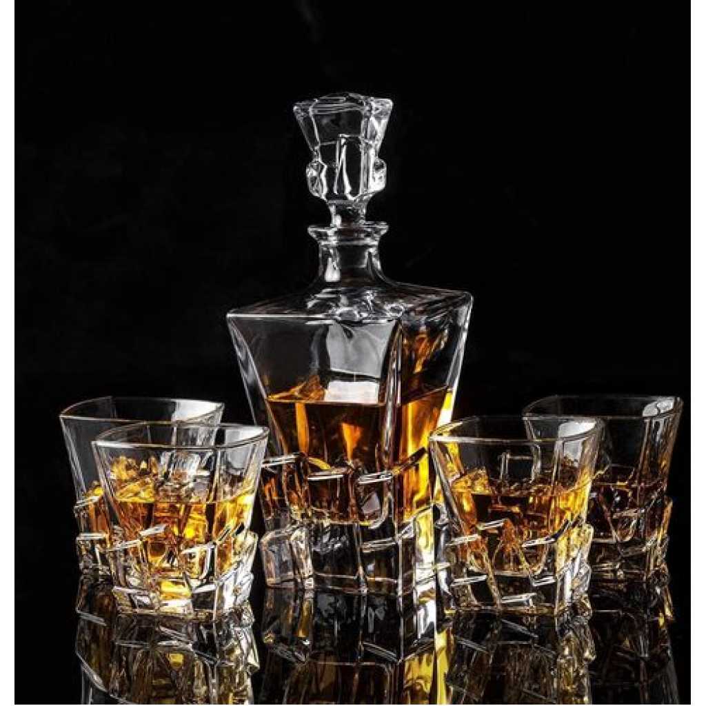 Premium Crystal Clear 7Pcs Bar Set, 1 Decanter Bottle(850ml) with 6 Whiskey Glasses(300ml), Perfect for Scotch, Bourbon, Wine, Vodka, Cocktail, Tequila, Rum Best Gift (Stone Base)