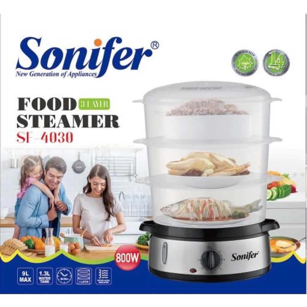 Sonifer Electric Food Steamer for Cooking, 3 Tiers Vegetable Steamer, 800W Fast Simultaneous Cooking, 60-Minute Timer, Veggies Steamer, Ideal for Fish Seafood Rice, BPA-Free Baskets- Multicolor