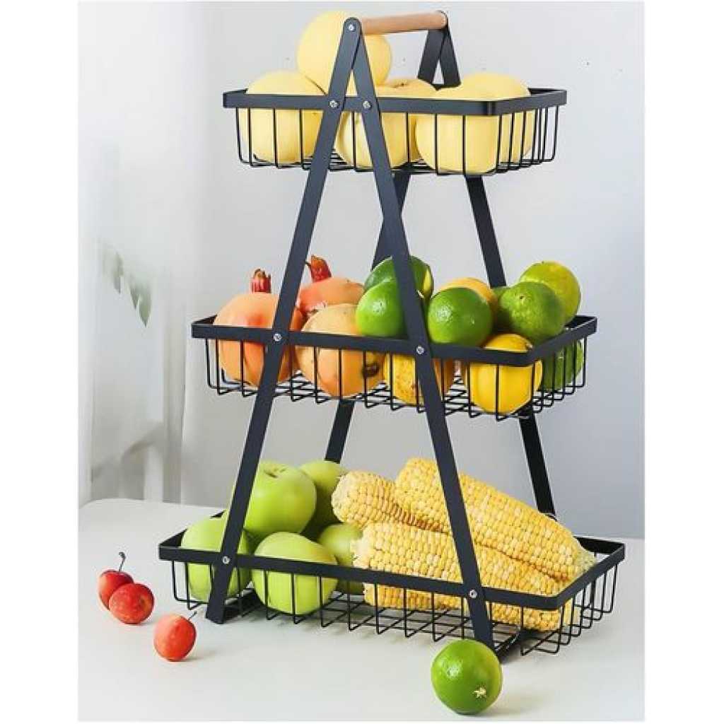 3 Tier Portable Fruit Basket Stand Vegetable Bread & Snacks Detachable Metal Rectangle Basket With Wooden Handle Modern for Kitchen Decoration- Black