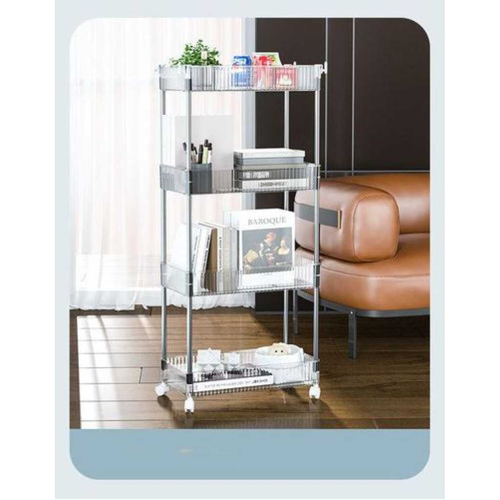 1pc Rectangle Acrylic Clear 4 Tier Utility Cart, Rolling Cosmetics Laundry Organization Trolley Snack Cart With Handle And Wheels, Multifunctional Storage Shelves Side Table For Kitchen Living Room Office- Clear