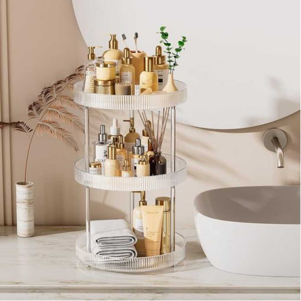 360° Rotating Storage Vanity Spinning Tray 3-tier Turntable Spice Rack Organizer Shelf Suitable For Kitchen Cabinet, Farmhouse Tiered Tray Decor, Fruit Snack - Makeup Cosmetics And Perfume Box Food Organizer, Bathroom Countertop Cabinet Table- Clear