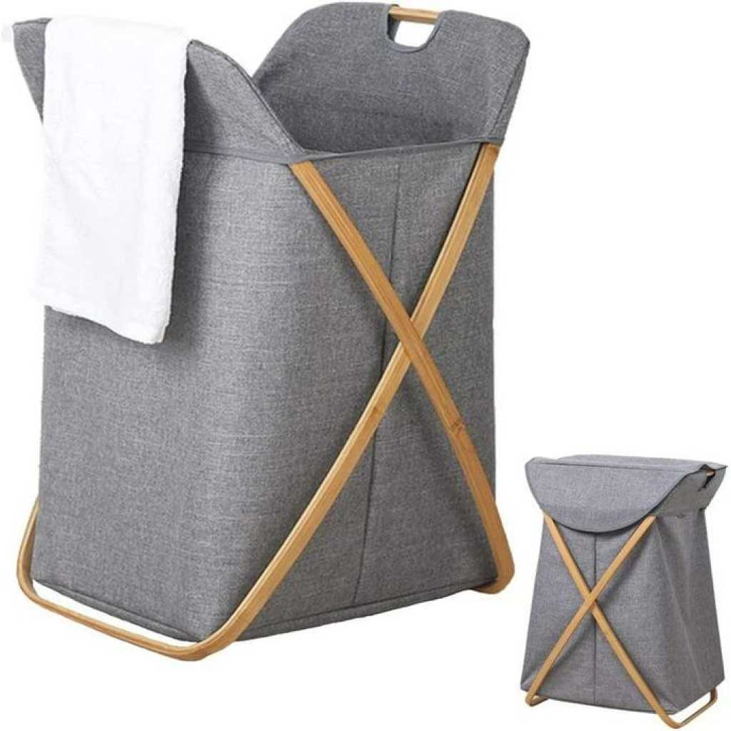 Laundry Hamper with Lid ,Small Bamboo Laundry Basket with Lid, Foldable Dirty Clothes Hamper with Handles, Oxford Laundry Hamper for Clothes Storage and Bedroom,Grey