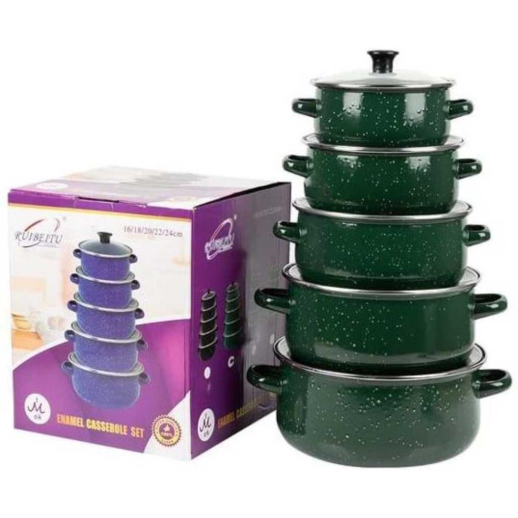 Set Of 5 Enamel Casserole Sartin Cookware Pots Serving Dishes With Lids Saucepans