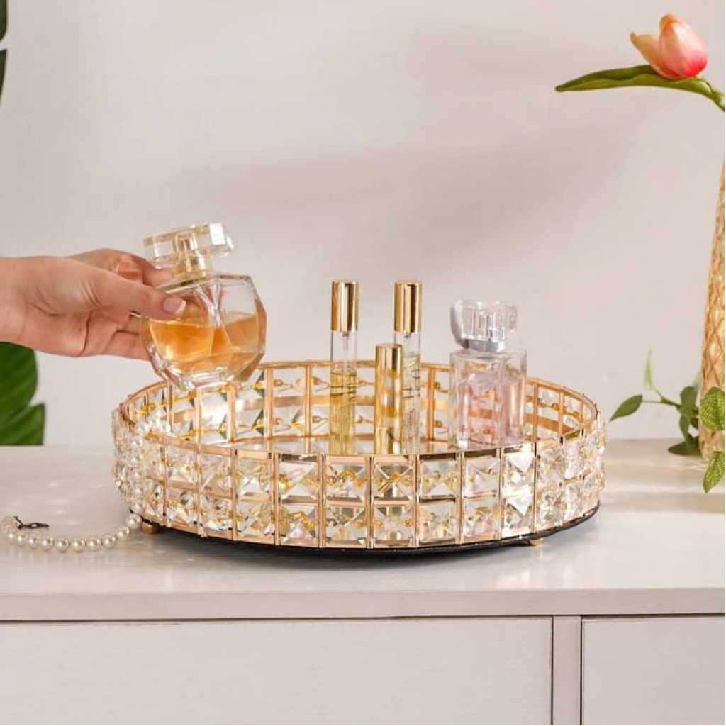 Decorative Crystal Mirror Tray Gold Round Mirrorred Plate for Candle Display, Vanity Organizer Tray Chic Modern Home Decor Accessories for Dresser Table