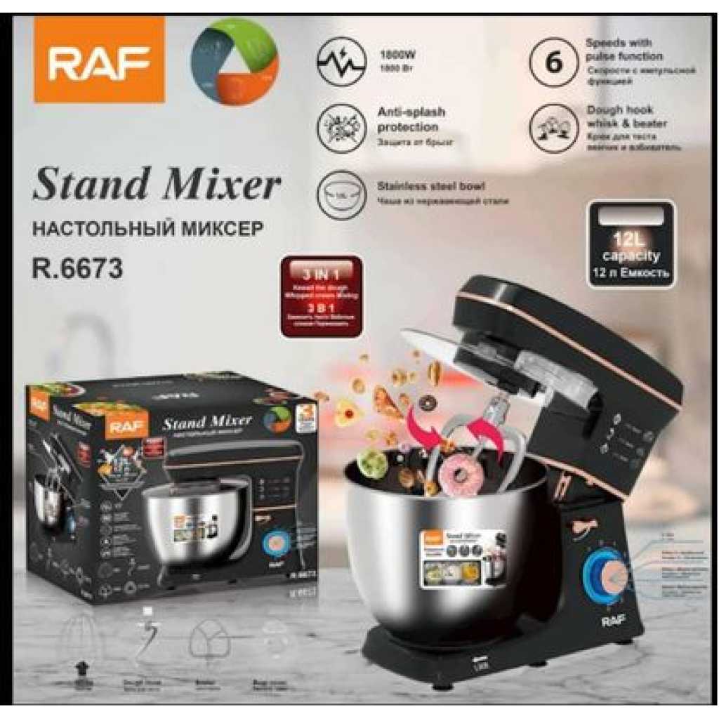 RAF 12 Litres Kitchen Electric Stand Mixer Tilt-Head Food Mixers Stainless Steel with Dough Hook Flat Beater Wire Whisk Splash Guard for Baking Electric Kitchen Mixers - Black