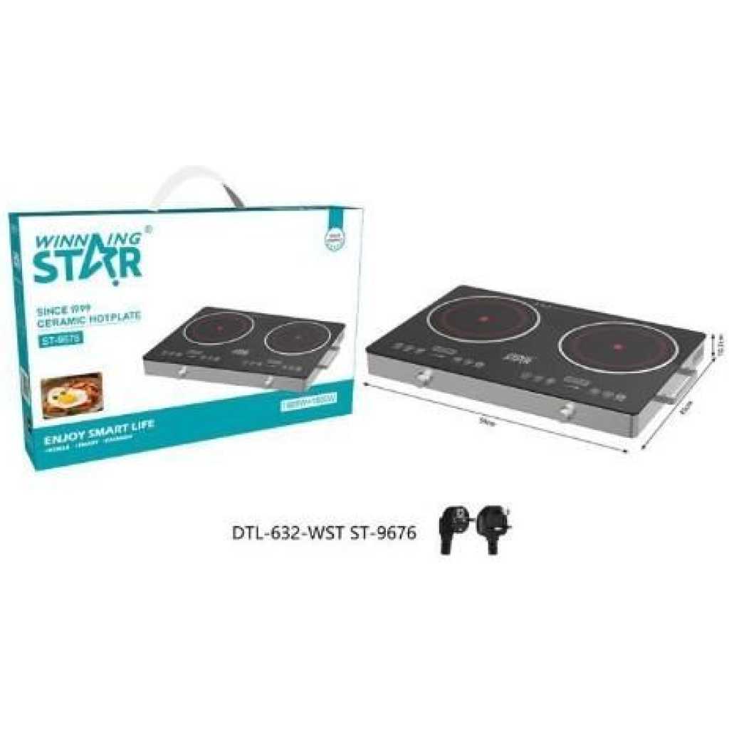 Winningstar Double Induction Cooker Inverter Infrared Cooker Portable Ceramic Glass Plate Sensor Touch & Knob Control, Black Crystal Panel, 120 Mins Timer, Safety Lock, Overheat Protection -Silver