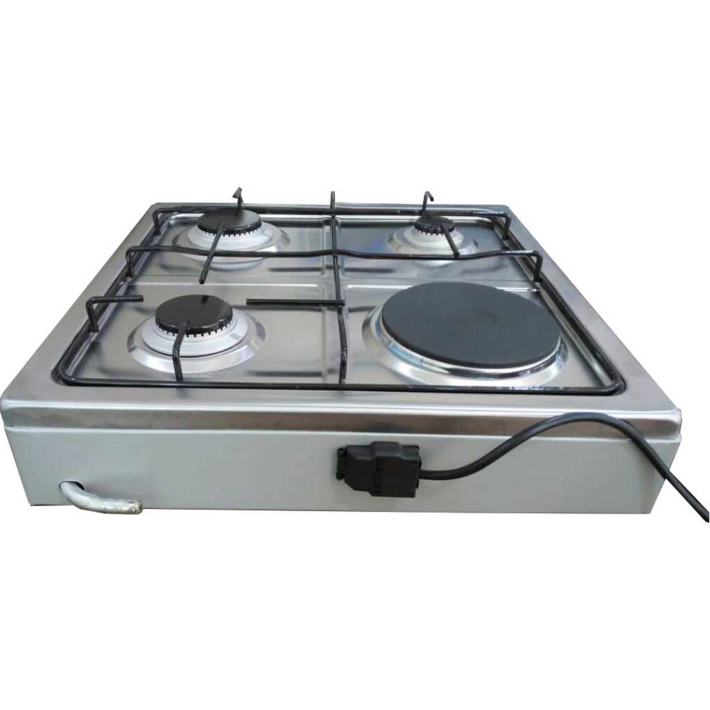 Blueflame Desktop Gas Cooker, 3 Gas + 1 Electric Plate, Auto Ignition, Combo Cooktop - Inox