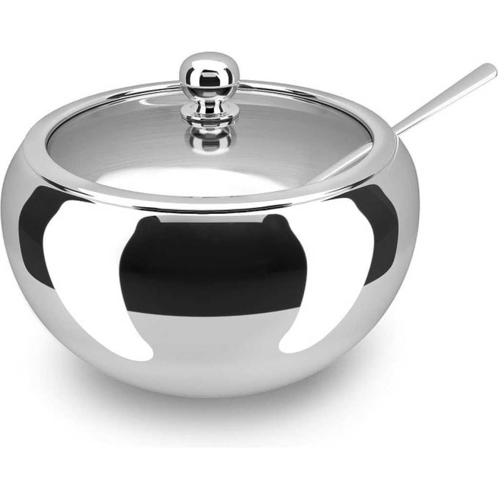 Stainless Steel Sugar Bowl with Lid And Spoon Serving Dish Clear Glass Lid Storage for Salt, Candy, Coffee Box Holds.