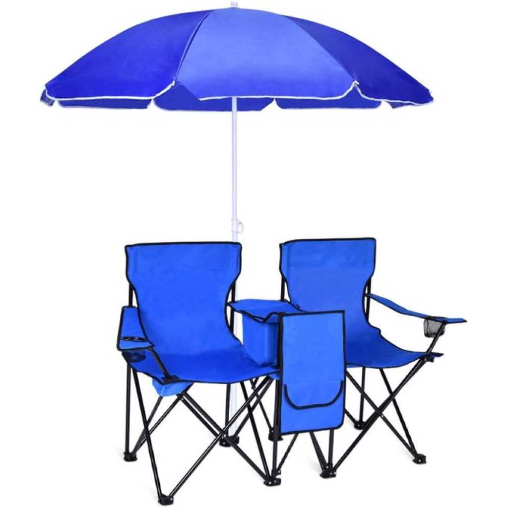 Double Folding Beach Chair with Umbrella Table Cooler and Bag, Portable Compact Folding Chair, 2 Person Camping Chair with Canopy for Adults and Kids, Outdoor Fold Up Chair, Blue