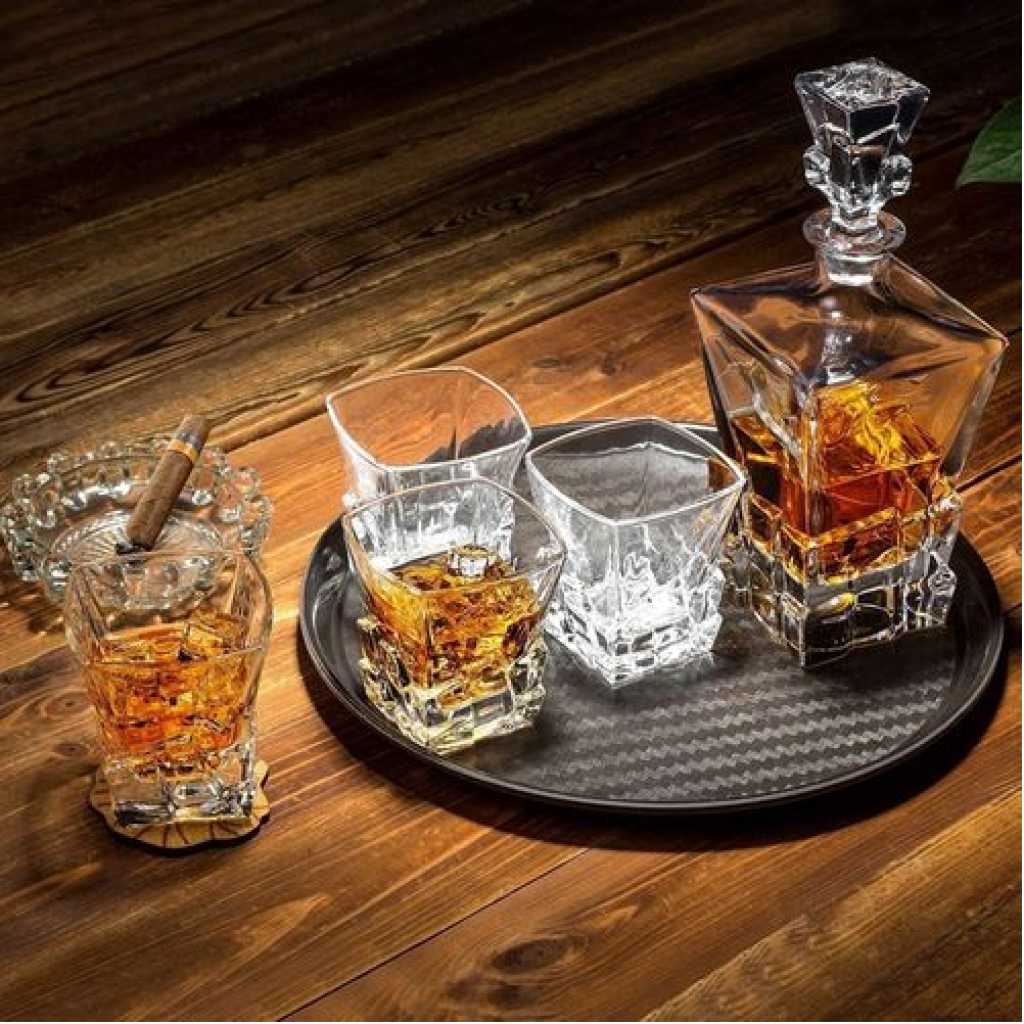 Premium Crystal Clear 7Pcs Bar Set, 1 Decanter Bottle(850ml) with 6 Whiskey Glasses(300ml), Perfect for Scotch, Bourbon, Wine, Vodka, Cocktail, Tequila, Rum Best Gift (Stone Base)