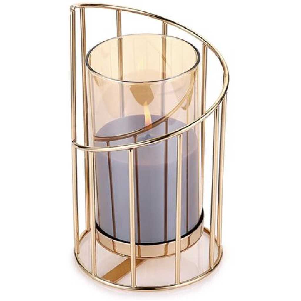 Geometric Pillar Candle Holder Decorative Candle Stand Metal Tea Light Hold Centerpiece (Spiral) with Removable Glass Cover, Golden Candlestick Flower Vase Votive Holder Centerpiece for Home Table Home Decor- Gold