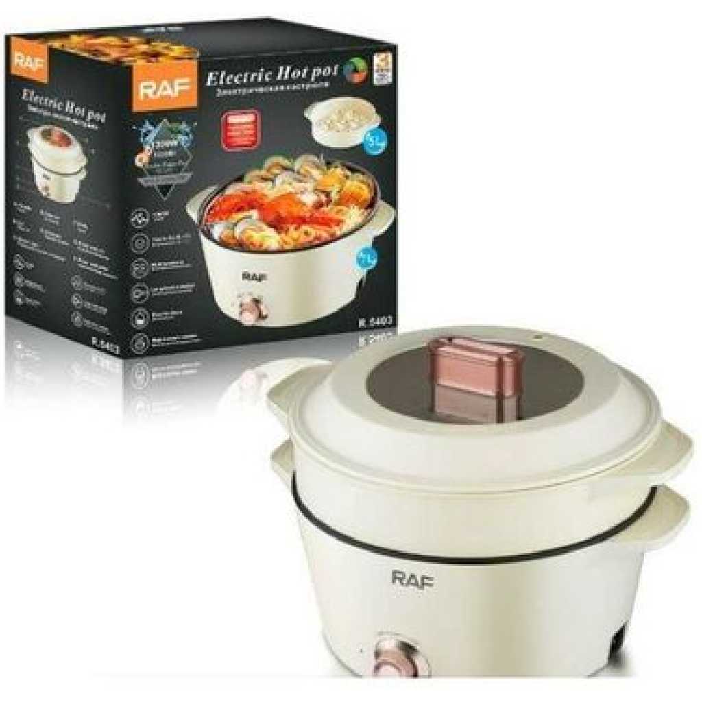 RAF 7 Plus 5 Litres Multipurpose Non-Stick Electric Hot Pot Stew Steamer Saucepan Frying Pan Cooker - Cream