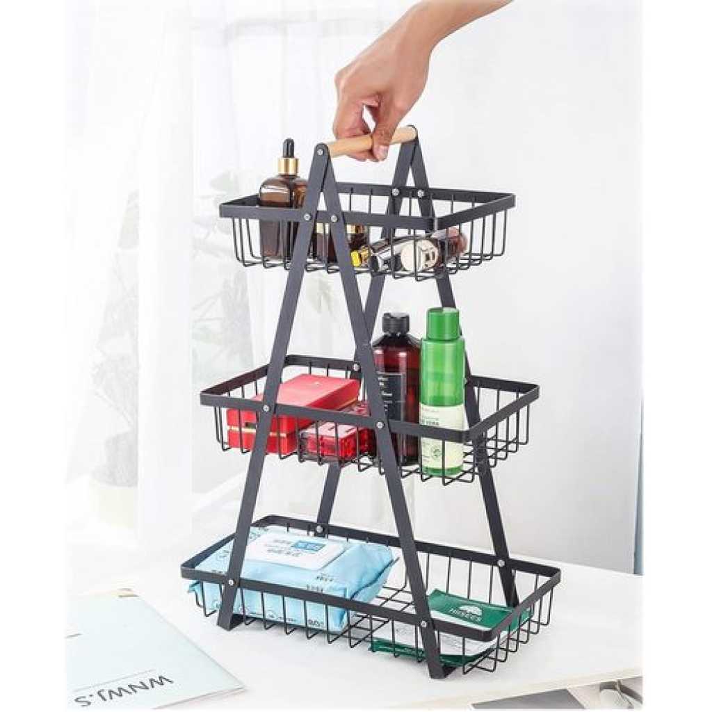 3 Tier Portable Fruit Basket Stand Vegetable Bread & Snacks Detachable Metal Rectangle Basket With Wooden Handle Modern for Kitchen Decoration- Black