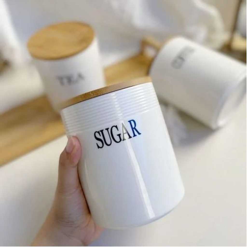 Set of 3 Storage Ceramic Sealed Jars For Sugar Tea And Coffee Moisture-Proof Large Caliber Container Home Decoration Canisters Set with Airtight Seal Bamboo Lid Food Bin- Multicolor