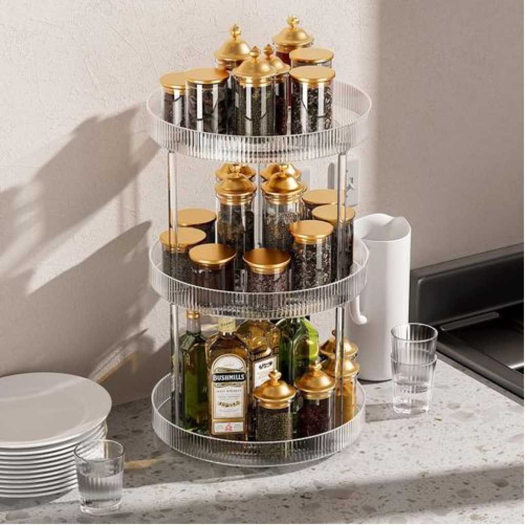 360° Rotating Storage Vanity Spinning Tray 3-tier Turntable Spice Rack Organizer Shelf Suitable For Kitchen Cabinet, Farmhouse Tiered Tray Decor, Fruit Snack - Makeup Cosmetics And Perfume Box Food Organizer, Bathroom Countertop Cabinet Table- Clear