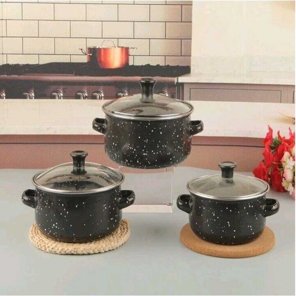 Set Of 3 Enamel Casserole Sartin Cookware Pots Serving Dishes With Lids Saucepans