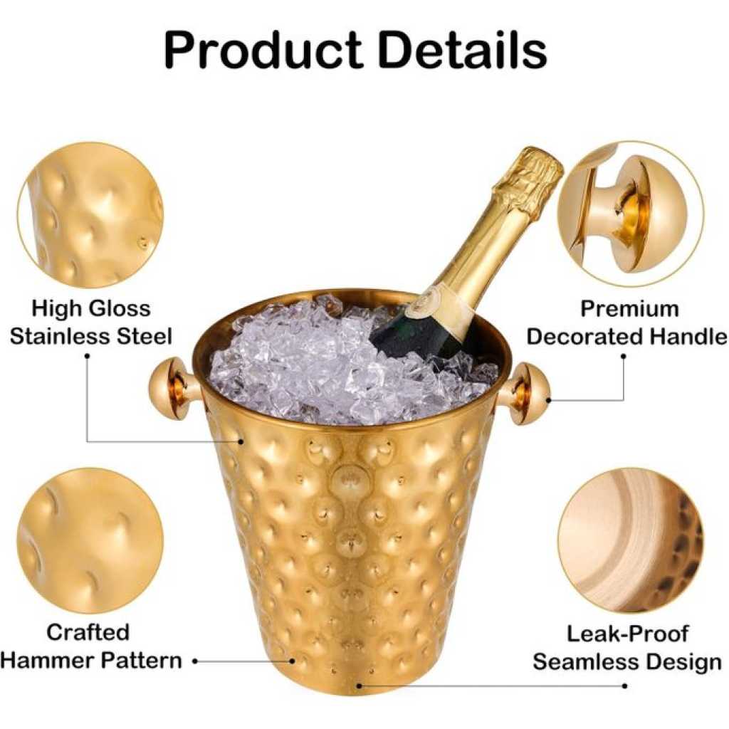 Fashionable And Creative Ice Bucket Stainless Steel Golden Hammered Mirror Pattern Ice Bucket Wine Champagne Ice Barrel For Party, Wedding, Banquet