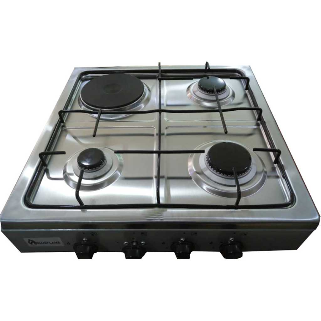 Blueflame Desktop Gas Cooker, 3 Gas + 1 Electric Plate, Auto Ignition, Combo Cooktop - Inox