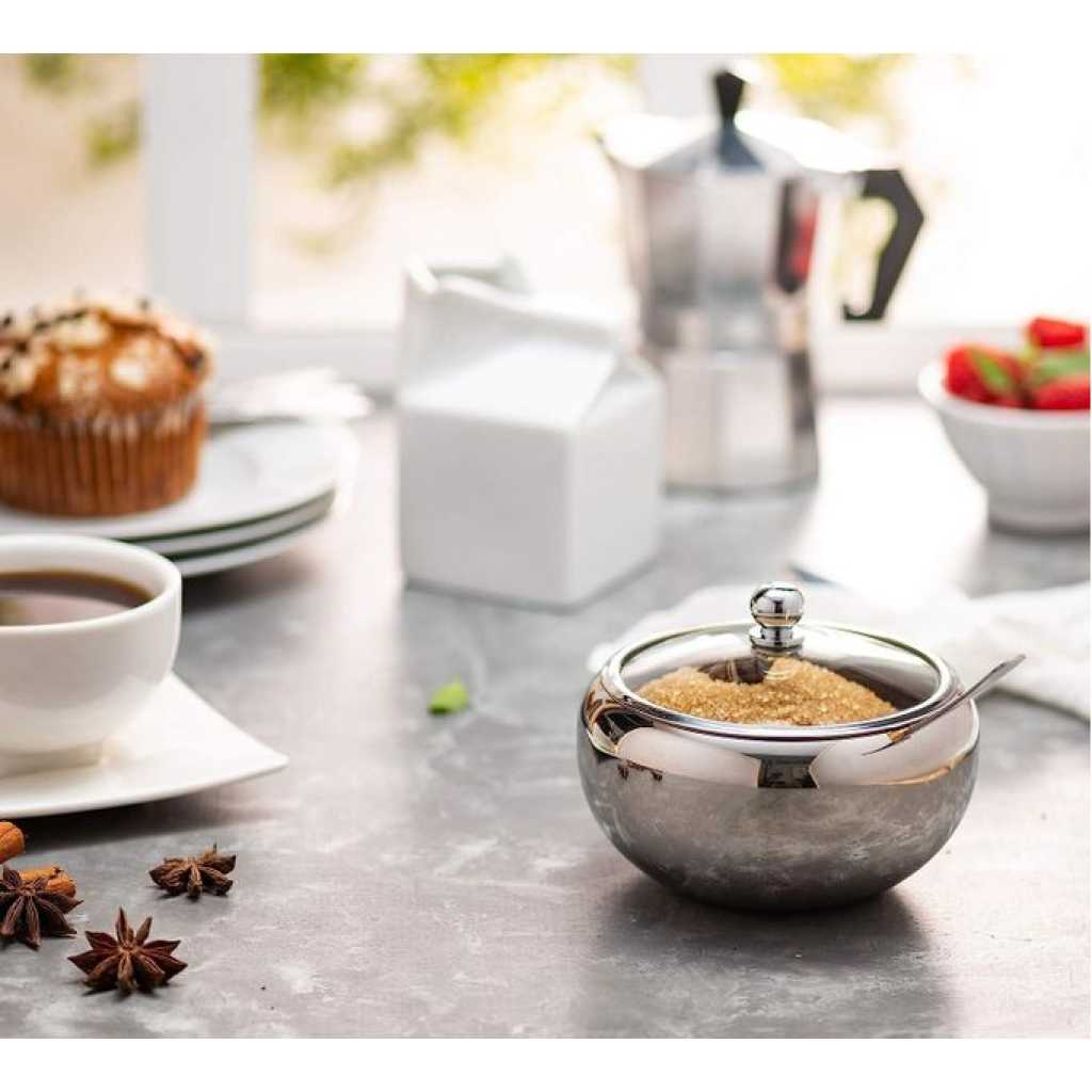 Stainless Steel Sugar Bowl with Lid And Spoon Serving Dish Clear Glass Lid Storage for Salt, Candy, Coffee Box Holds.