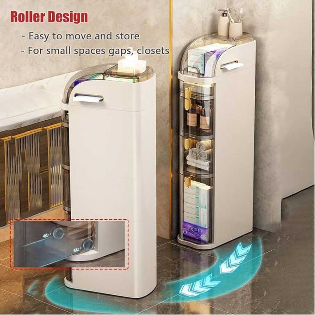 3 Tier Shower Floor Storage Cabinet 7in Narrow Corner Tall Slim Bathroom Storage Tower with Clear Drawers Cart And Casters Side Storage Organizer Cabinet For Tiny Kitchen Laundry Toilet Gap Living Room Children's Room Office Waterproof Side Organizer