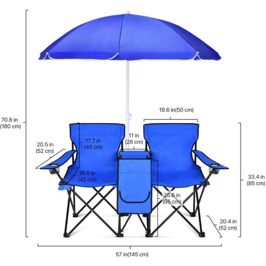 Double Folding Beach Chair with Umbrella Table Cooler and Bag, Portable Compact Folding Chair, 2 Person Camping Chair with Canopy for Adults and Kids, Outdoor Fold Up Chair, Blue