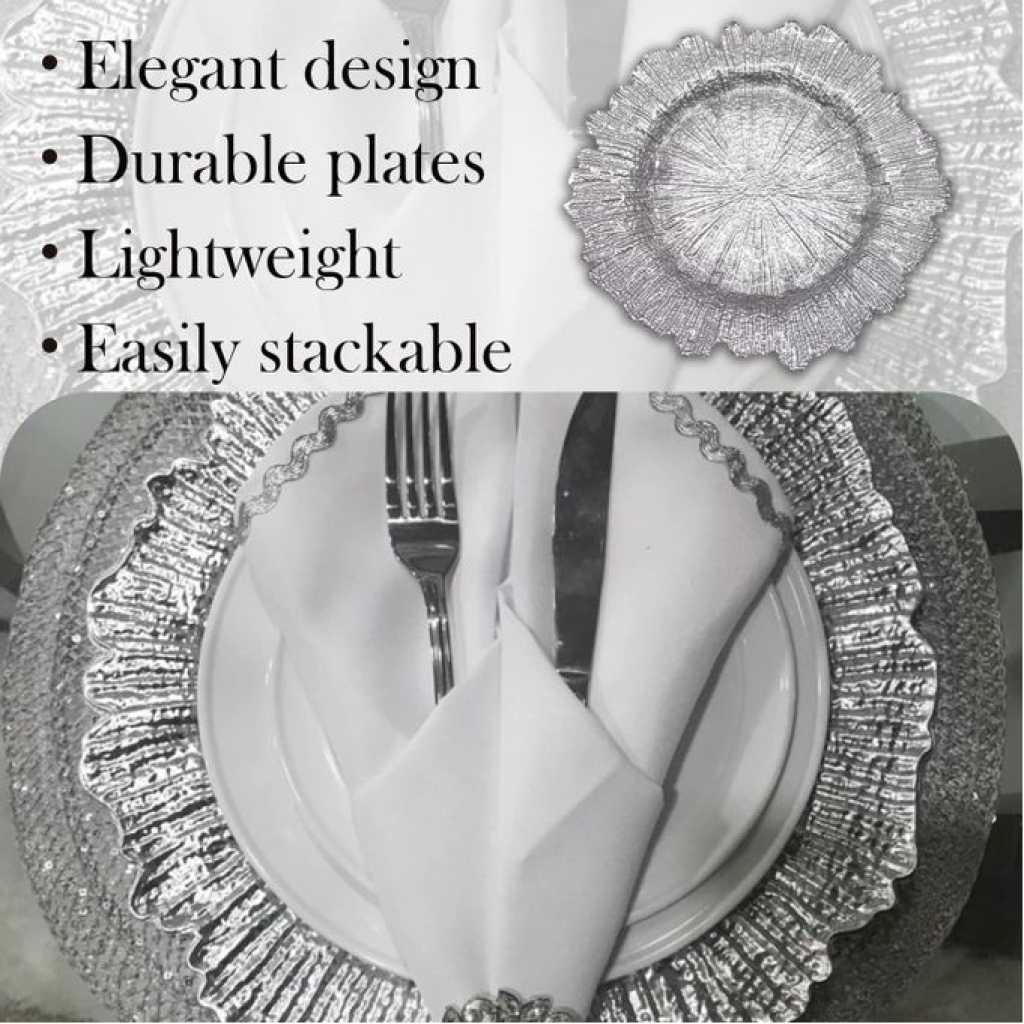 SHARE THIS PRODUCT 12 Pieces Of WedDecor Round Charger Plates with Vintage Design, Centerpiece Presentation Plate Set Dinner Table Decorations Weddings Banquets Christmas Dining Parties Tableware, 33cm Silver
