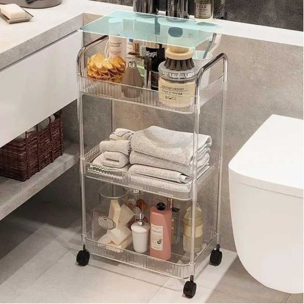 1pc Acrylic Clear 3 Tier Utility Cart, Rolling Cosmetics Laundry Organization Trolley Cart With Handle And Wheels, Multifunctional Storage Shelves Side Table For Kitchen Living Room Office