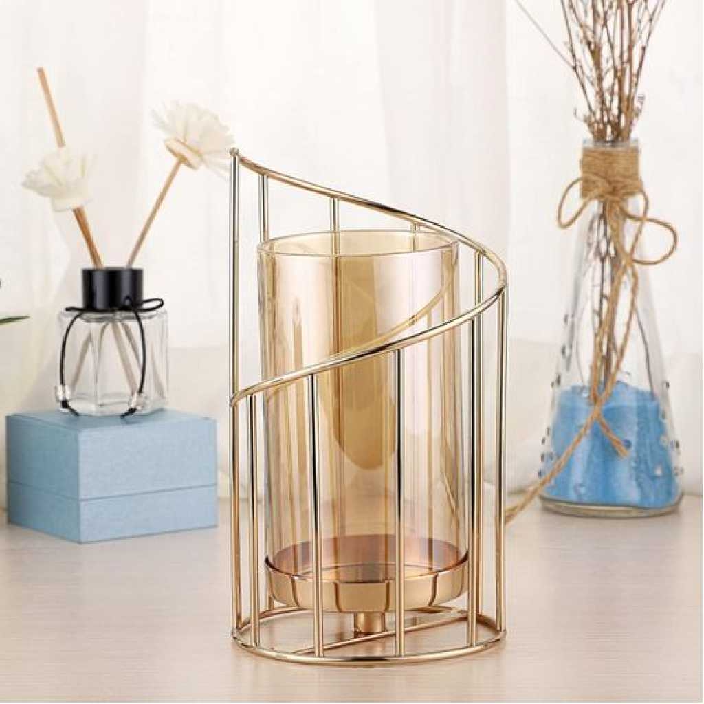 Geometric Pillar Candle Holder Decorative Candle Stand Metal Tea Light Hold Centerpiece (Spiral) with Removable Glass Cover, Golden Candlestick Flower Vase Votive Holder Centerpiece for Home Table Home Decor- Gold